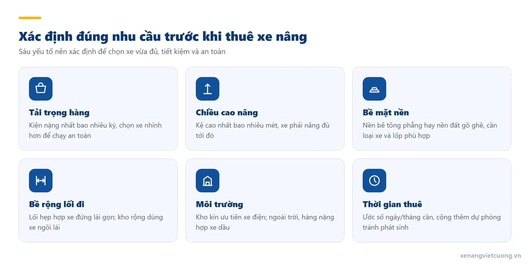 Sáu yếu tố cần xác định trước khi thuê xe nâng: tải trọng, chiều cao nâng, nền, lối đi, môi trường, thời gian