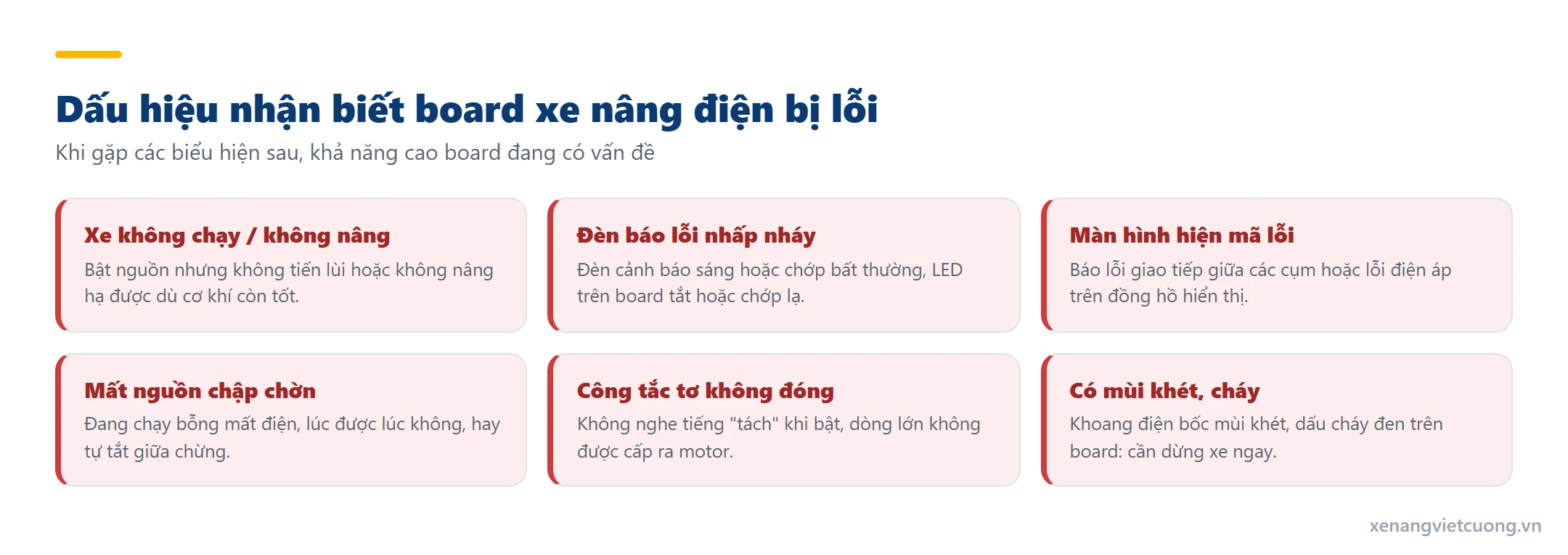Dấu hiệu nhận biết board xe nâng điện bị lỗi: xe không chạy, đèn báo lỗi nhấp nháy, mất nguồn chập chờn, có mùi khét