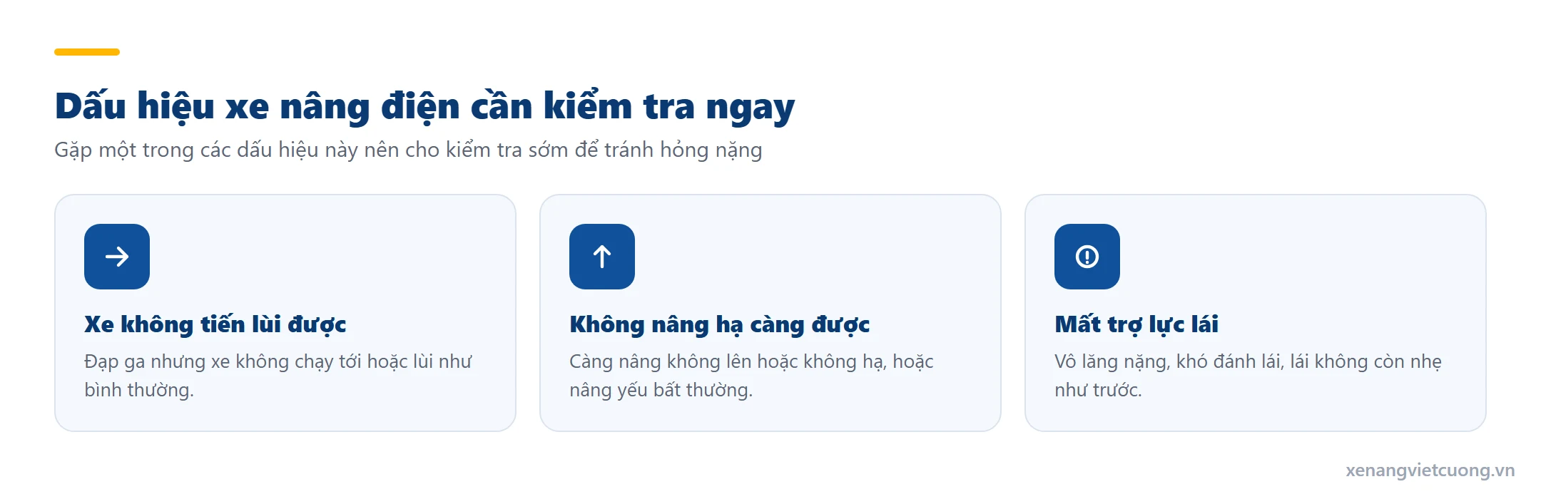 Dấu hiệu xe nâng điện cần kiểm tra: không tiến lùi, không nâng hạ càng, mất trợ lực lái