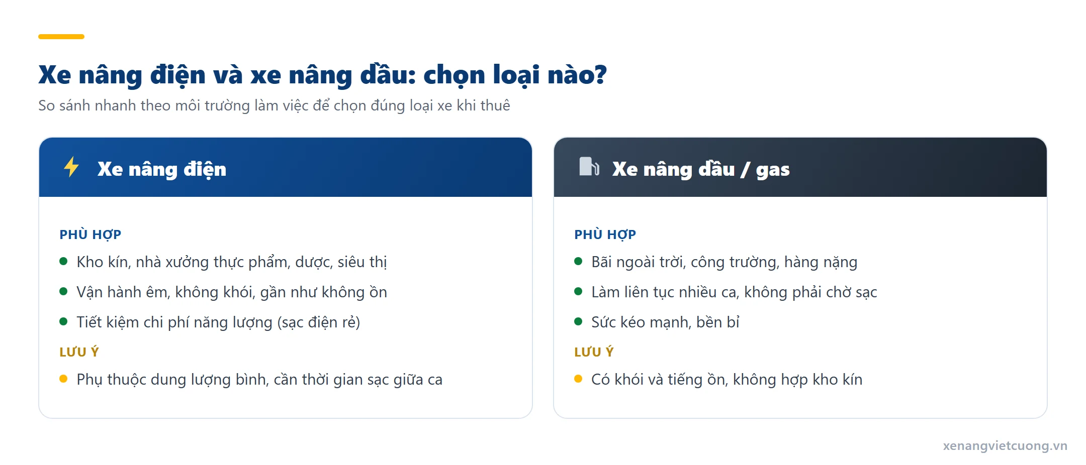 So sánh xe nâng điện và xe nâng dầu theo môi trường làm việc khi thuê
