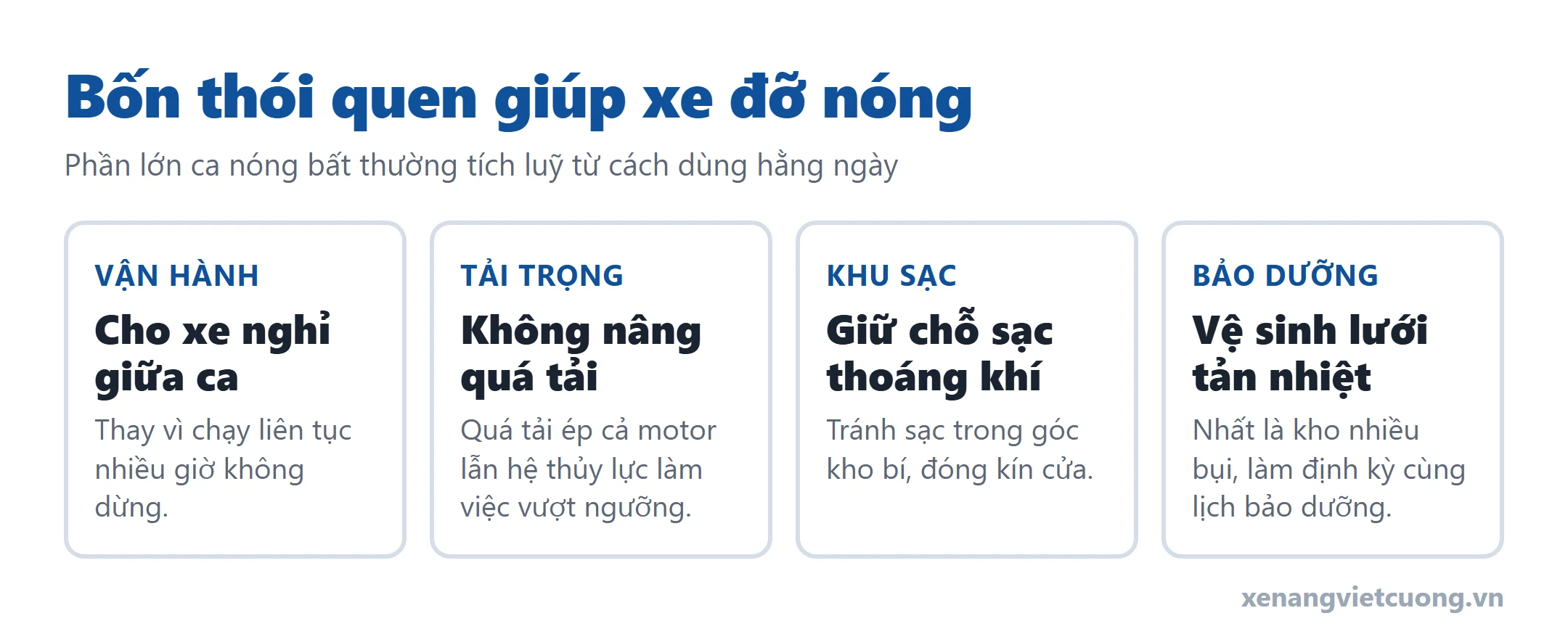 Sơ đồ bốn thói quen vận hành giúp xe nâng điện đỡ bị nóng