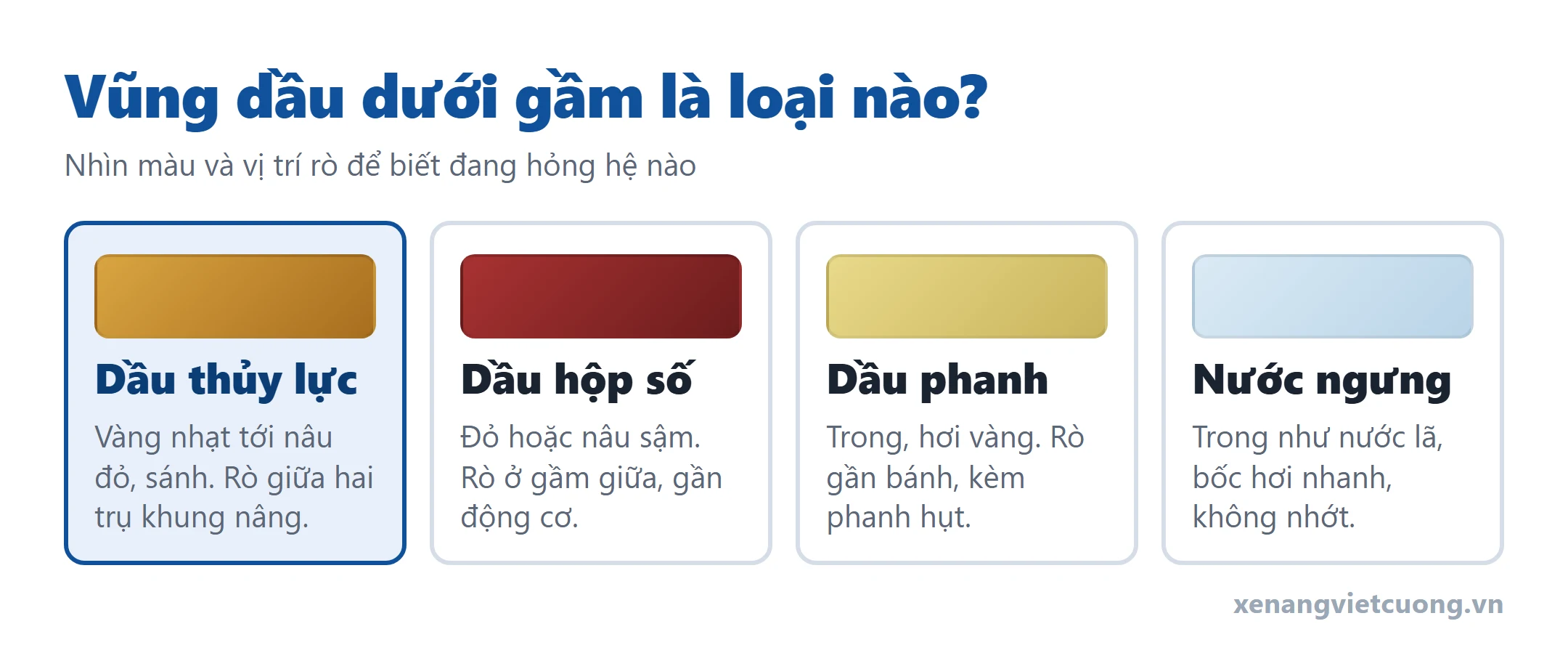 Sơ đồ phân biệt dầu thủy lực, dầu hộp số, dầu phanh và nước ngưng rò dưới gầm xe nâng theo màu và vị trí